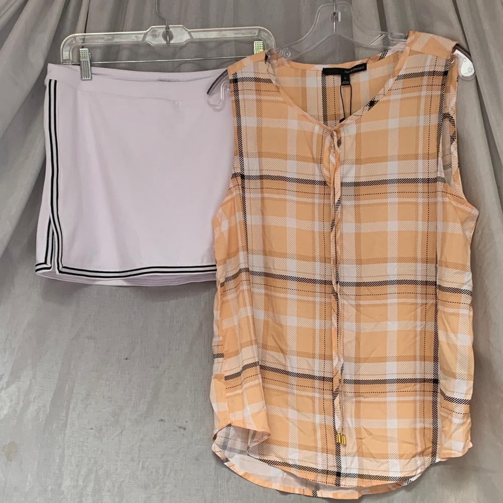 Sleeveless Peach Plaid Button-Front Top - Women